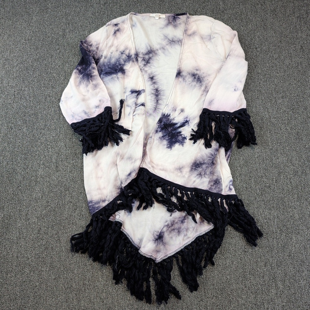 Entro Boho Tie Dye Fringe Kimono M Purple White Tassel Festival Cover Up J4032